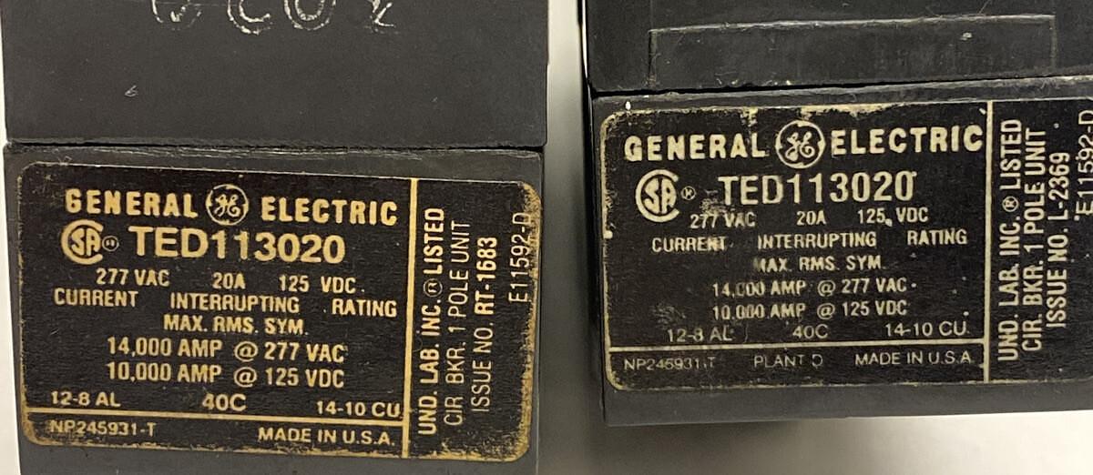 Used GE,TED113020,Circuit Breaker 20A 277V 1 Pole Lot of 2