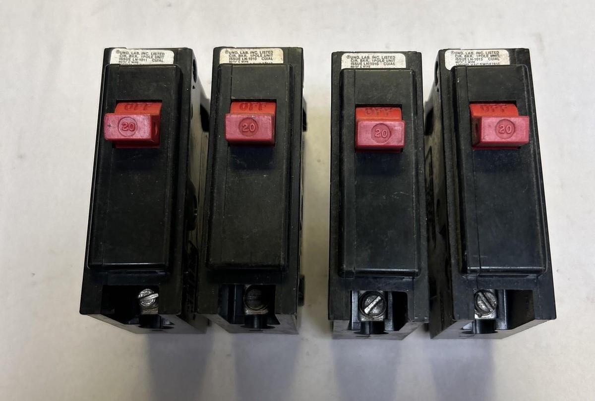 Used GENERAL SWITCH,GA120,CIRCUIT BREAKER 20A 120/240V 1P LOT OF 4