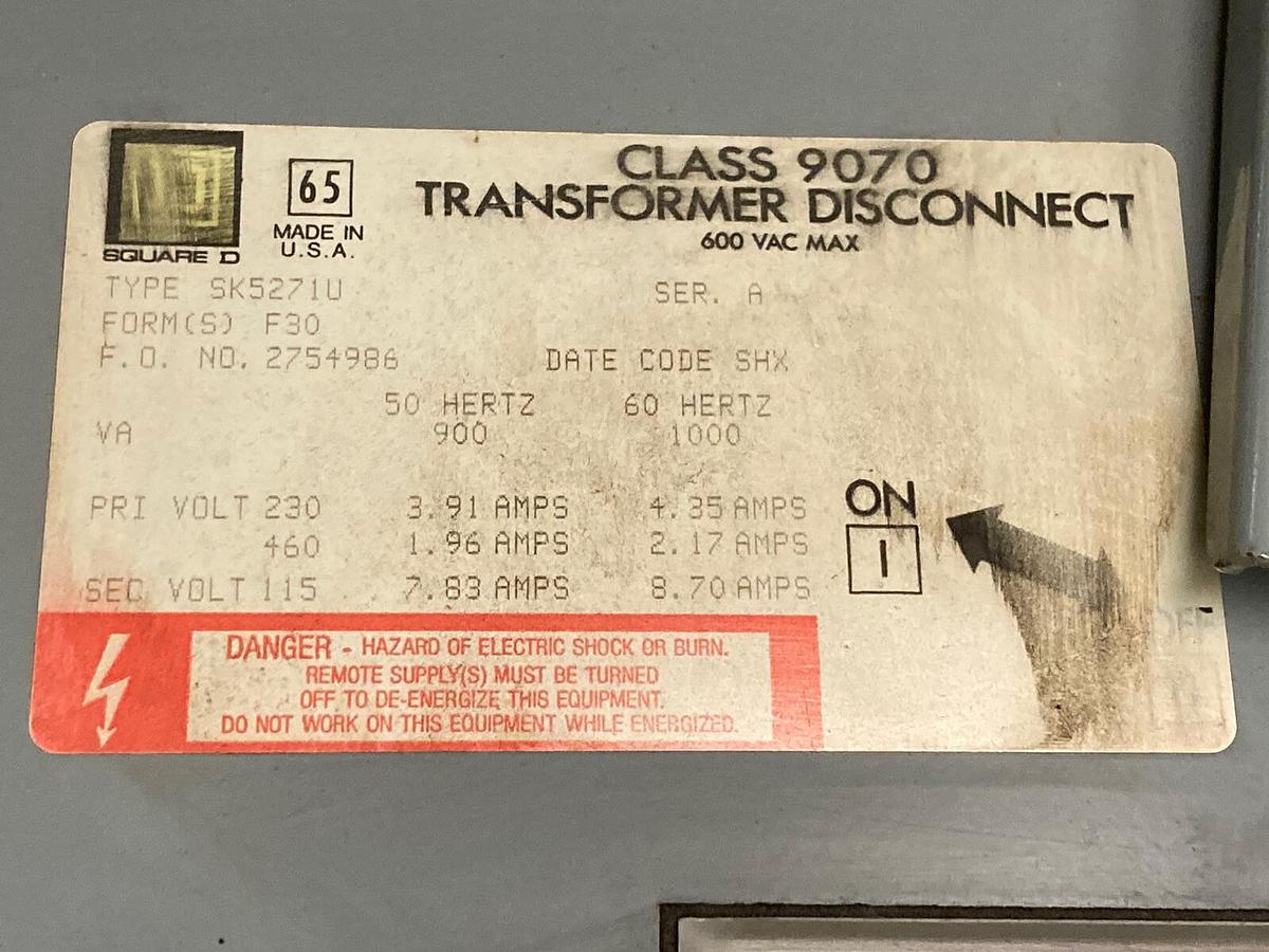 Used Square D,9070-SK5271U-F30,Transformer Disconnect Switch