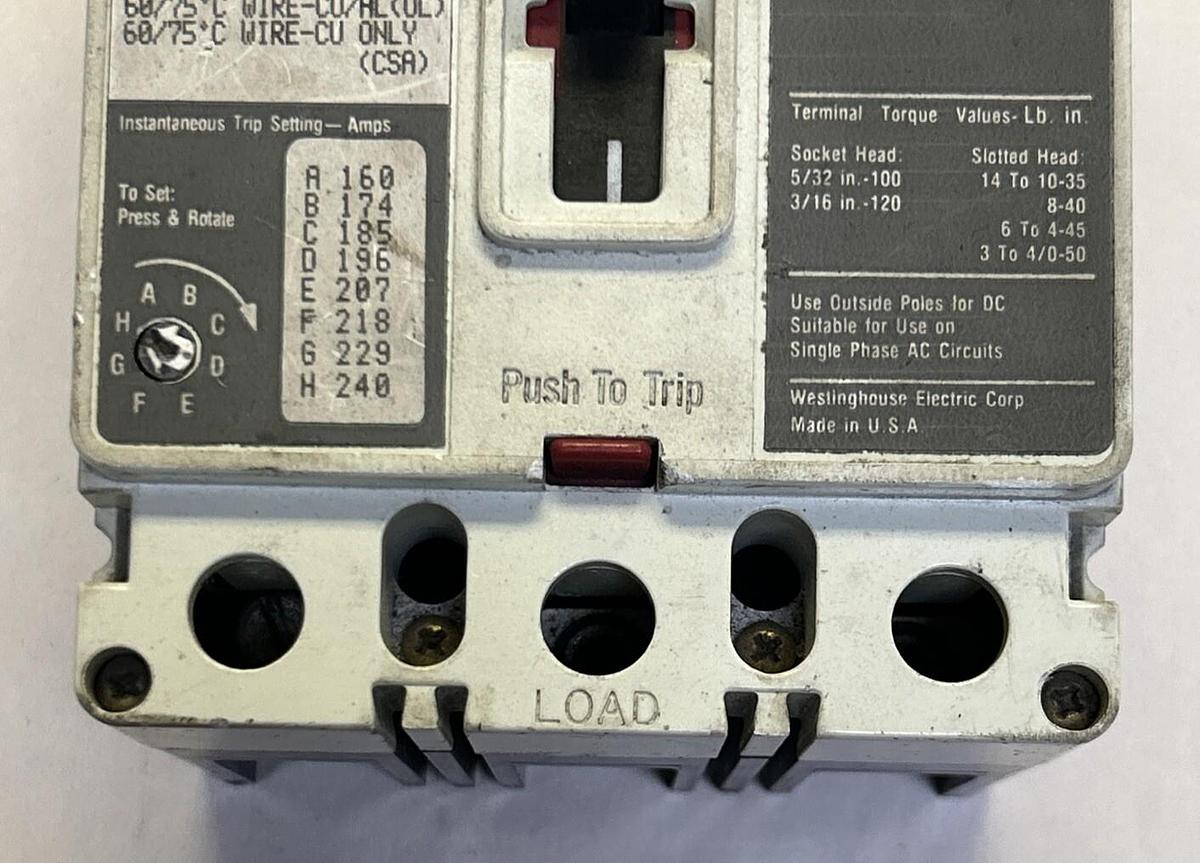 Used WESTINGHOUSE,HMCP100L3,CIRCUIT BREAKER 100A 600V 3P
