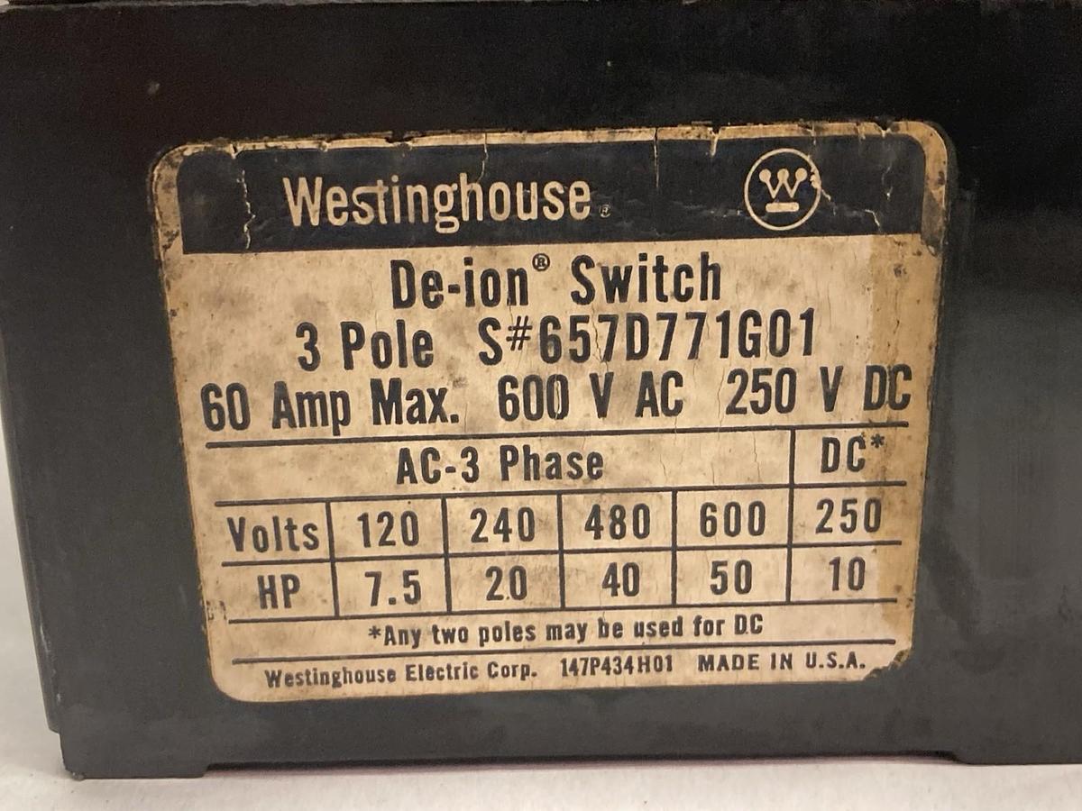Used Westinghouse,657D771G01,3-Phase De-Ion Switch 600VAC 250VDC 60A
