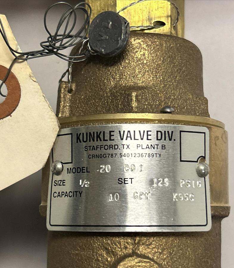 Used KUNKLE,0020-C01-MG0125,1/2 INCH X3/4 INCH 125PSI RELIEF VALVE NEW