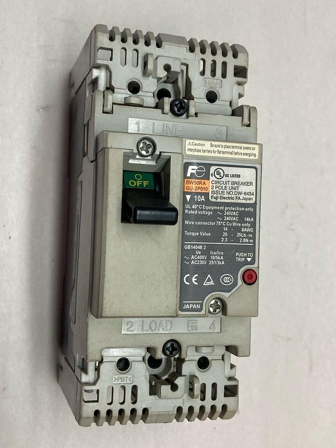 Used Fuji Electric,BW50RA GU-2P010,2-Pole Circuit Breaker 10A 240V