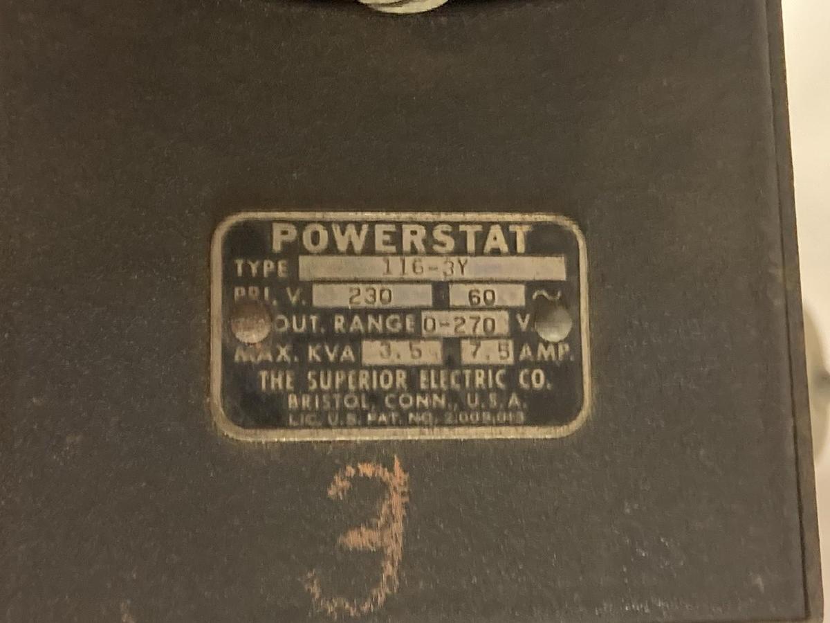 Used Powerstat,Type 116-3Y,Variable Autotransformer Set 230V 3.5KVA 7.5Amp