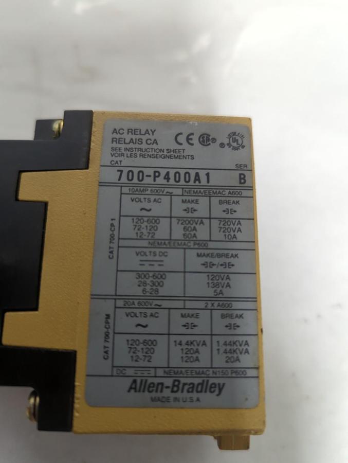 Used ALLEN BRADLEY,700-P400A1,SERIES B AC RELAY TYPE P PRE-OWNED