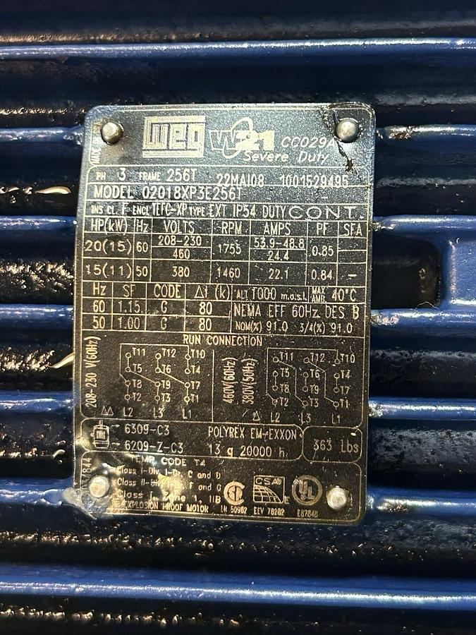 Used WEG,02018XP3E256T,MOTOR 20GP 208-230/460V 1755RPM 3PH 256T FRAME