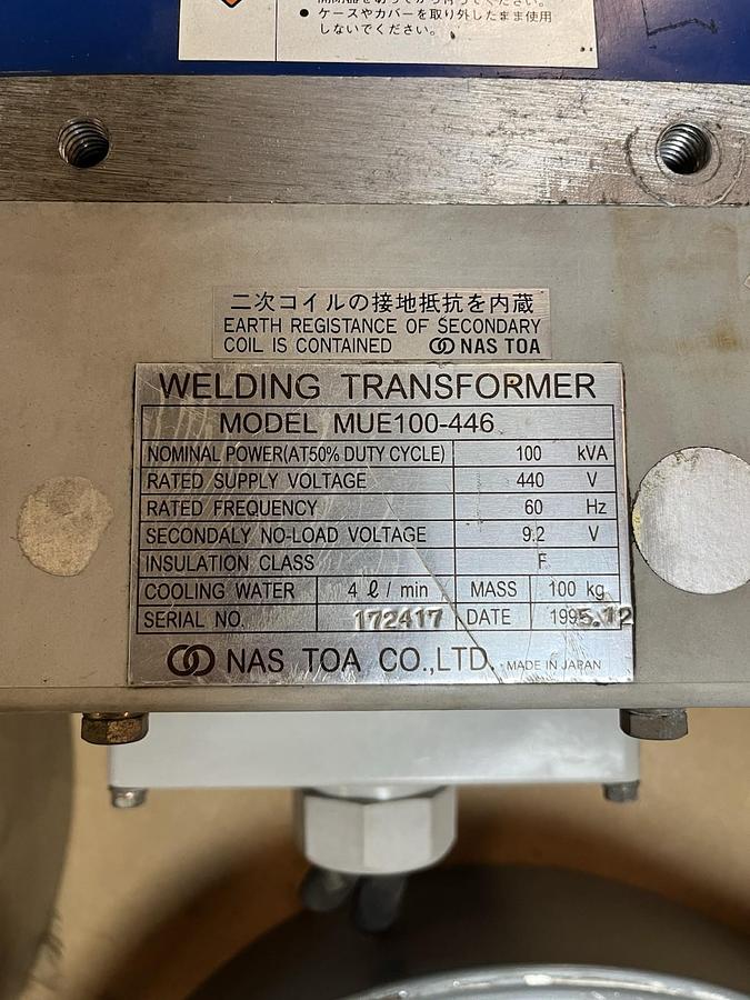 Used NAS TOA,MUE100-446,WELDING TRANSFORMER 100kVA PRI 440V SEC 9.2V