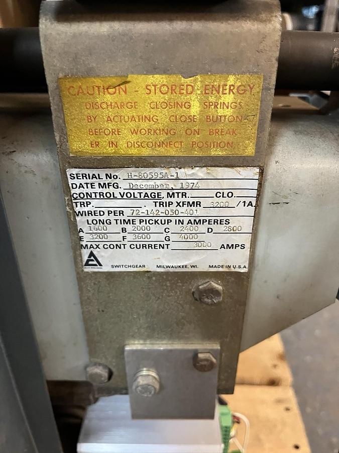 Used ALLIS CHALMERS,LA-3000,AIR CIRCUIT BREAKER 3000 AMP 600V AC PRO TRIP UNIT