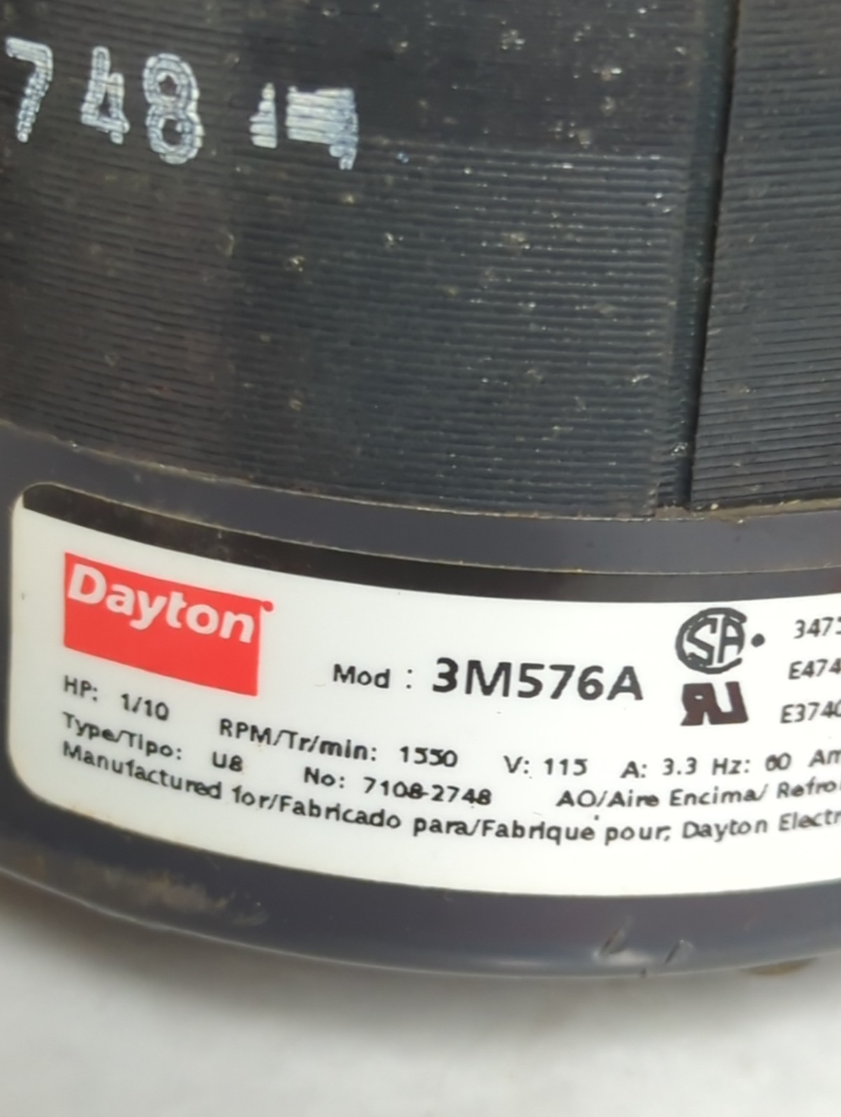 DAYTON,3M576A,1-PHASE MOTOR 115V 1/10HP NOS