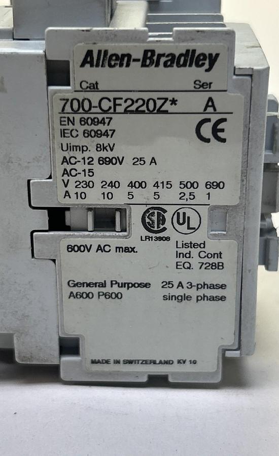 Used ALLEN BRADLEY,700-CF220Z*,CONTACTOR 24VDC COIL