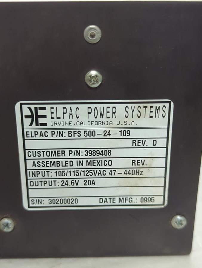 Used ELPAC,BFS-500-24-109,POWER SUPPLY OUTPUT 24.6VDC 20A PRE-OWNED