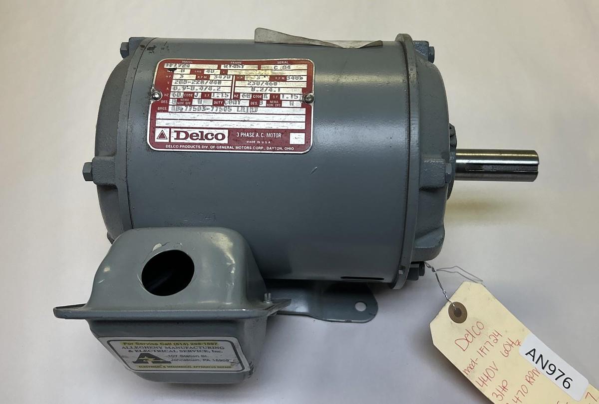 Used DELCO,1F1724,AC MOTOR 3HP 3470RPM 208-220/440V 3PH RY45T FRAME