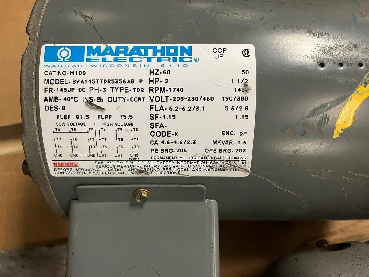 Used MARATHON,M109,PUMP MOTOR 2HP FR 145JP-80 1740RPM 3PH