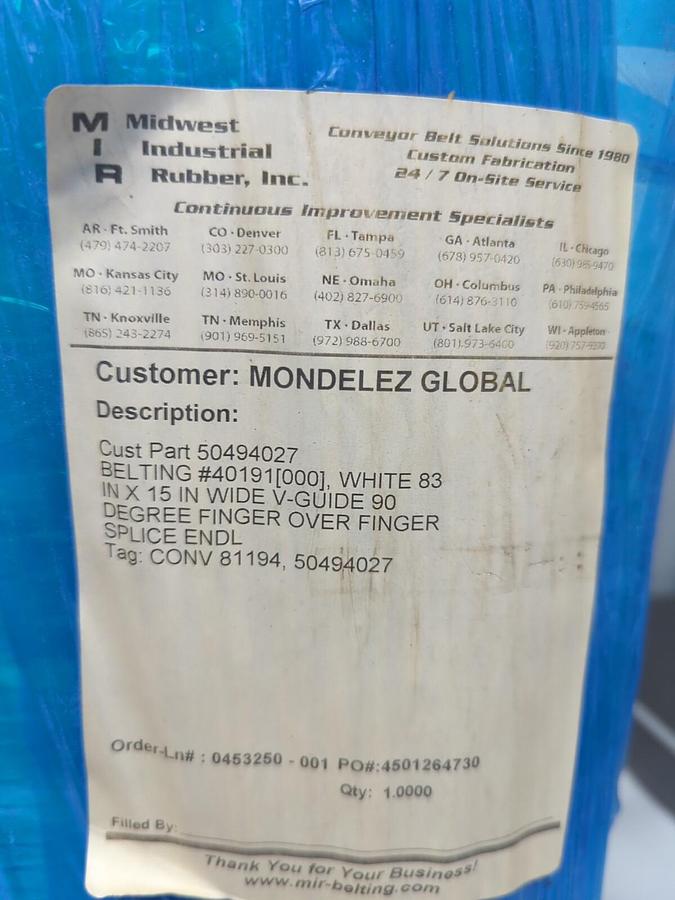 MIDWEST IND RUBBER,50494027,WHITE CONVEYOR BELT 83 IN X 15 IN WIDE V-GUIDE BELT