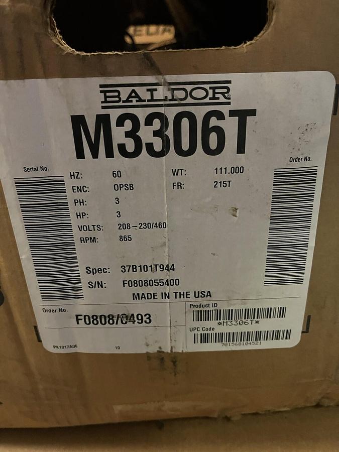 BALDOR,M3306T,ELECTRIC MOTOR 3HP 865RPM 3PH 215T