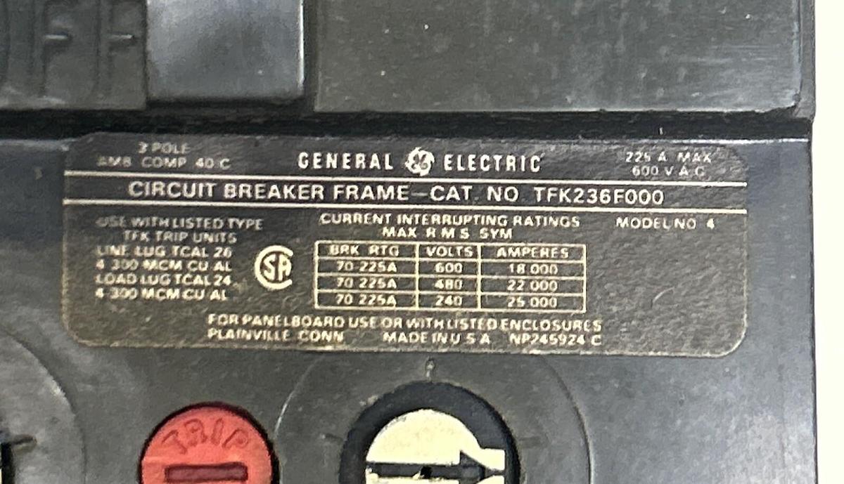 Used GENERAL ELECTRIC,TFK236F000,CIRCUIT BREAKER FRAME ONLY 225A 600V 3P