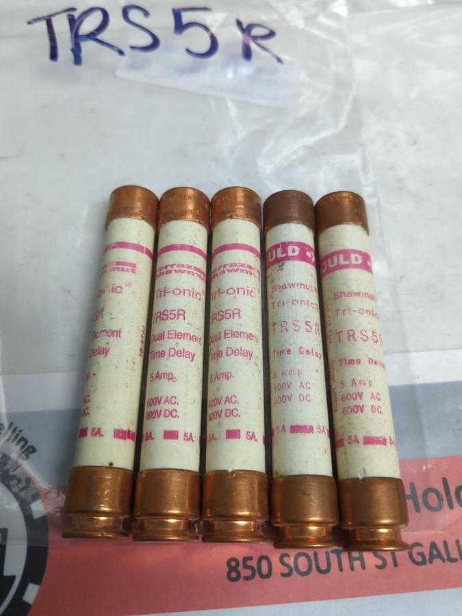 Used GOULD SHAWMUT,TRS5R,TRI-ONIC 5 AMP FUSE LOT OF 5 PRE-OWNED