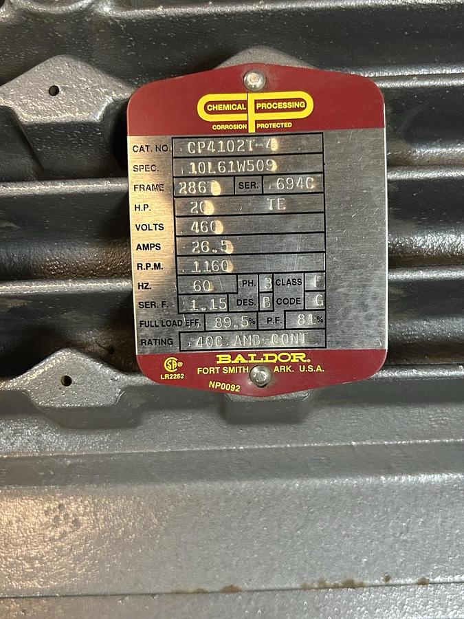 BALDOR,CP4102T-4,MOTOR 20HP 460V 1160RPM 3PH 286T FRAME