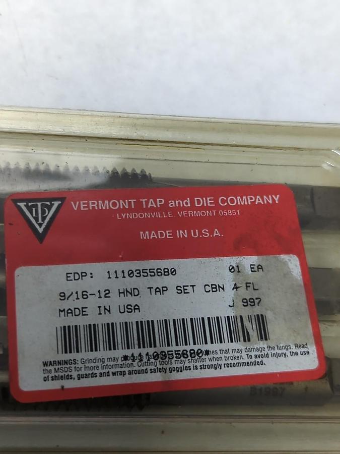 VERMONT TAP & DIE,9/16-12,HND TAP SET OF 3 PCS CARBON 4 FL NOS
