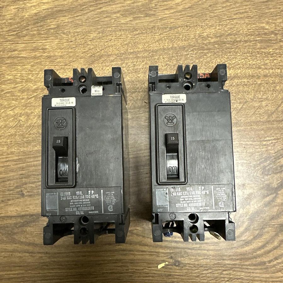 Used Westinghouse,EB2015,2 Pole 15A Circuit Breaker LOT of 2