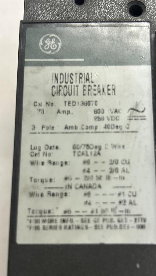 Used GENERAL ELECTRIC,TED136070,CIRCUIT BREAKER 70A 600V