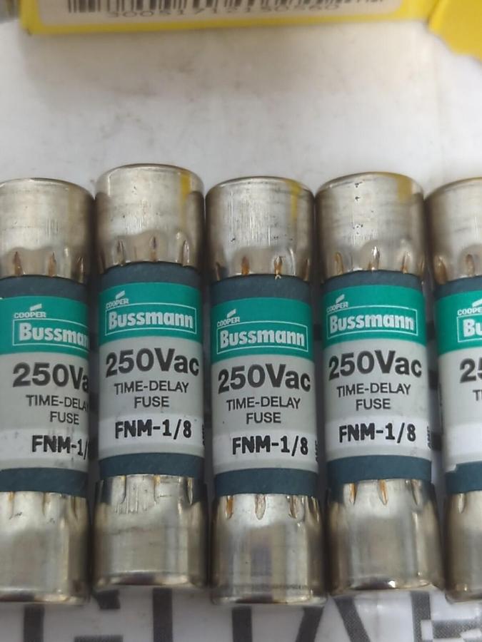 COOPER BUSSMANN,FNM-1/8,TIME DELAY 1/8 AMP FUSES BOX OF 10 NEW