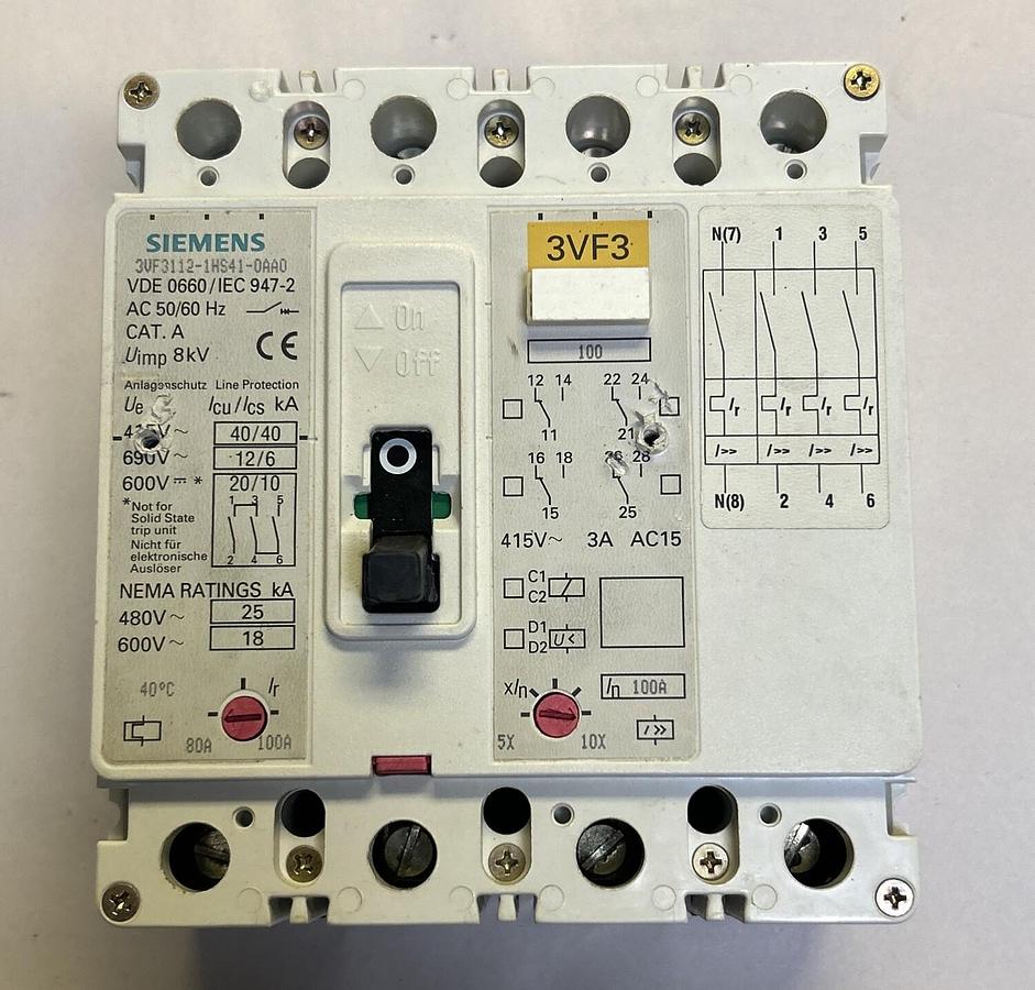 Used SIEMENS,3VF3112-1HS41-0AA0,CIRCUIT BREAKER 100A 600V 4P