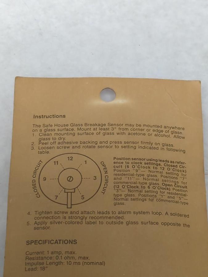 SAFE HOUSE,49-516,SELF ADHESIVE GLASS BREAKAGE SENSOR NOS