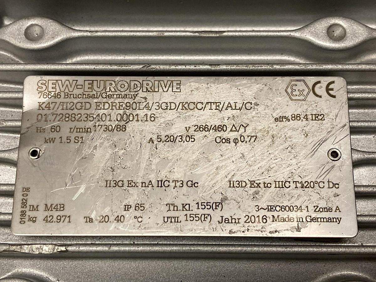 Sew Eurodrive,K47/II2GD EDRE90L4/3GD/KCC/TF/AL/C,Gearmotor  1730/88 RPM