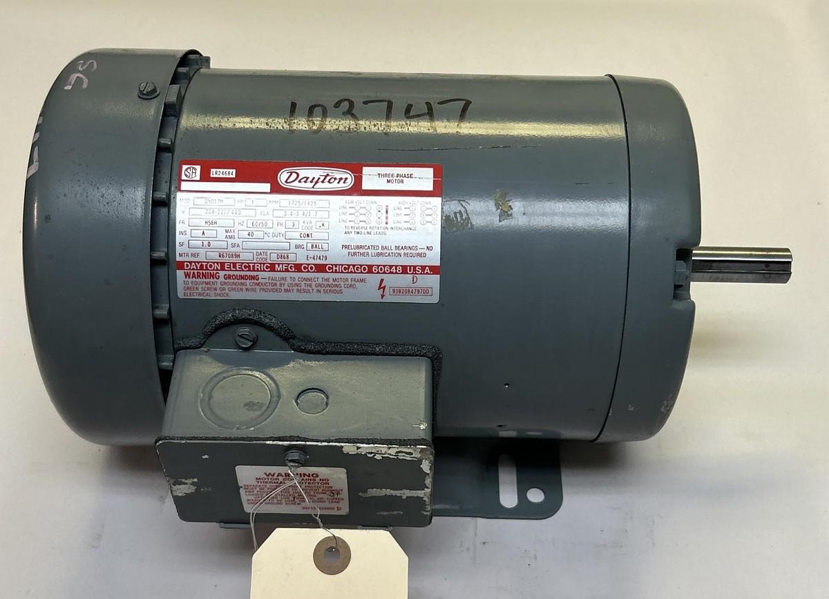 Used DAYTON,3N017H,INDUSTRIAL MOTOR 1HP 208-220/440V 1725/1425 RPM H56H FRAME