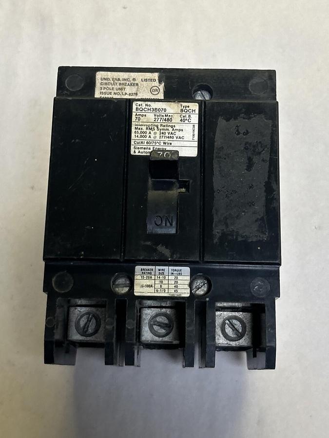 Used SIEMENS,BQCH3B070,CIRCUIT BREAKER 70A 277/480V 3P