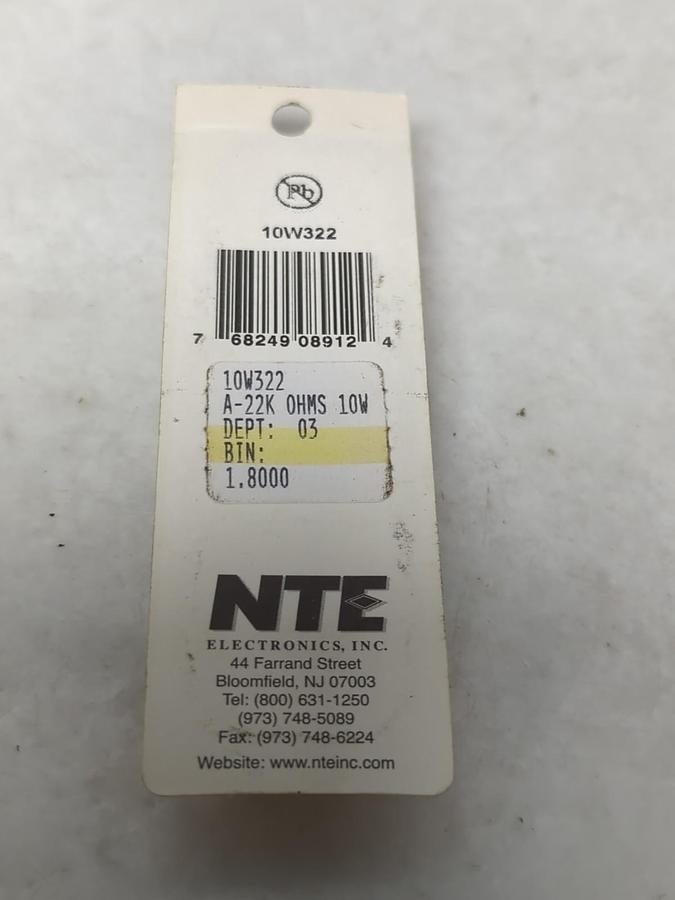 NTE,10W322,FLAMEPROOF RESISTOR 10 WATT 22K Ω 5% PACK OF 2 NOS