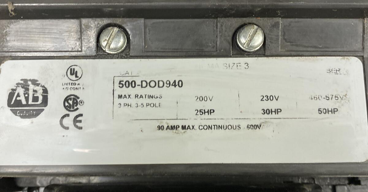 Used Allen-Bradley,500-DOD940,Size 3 Contactor 90AMP 600V NO COIL