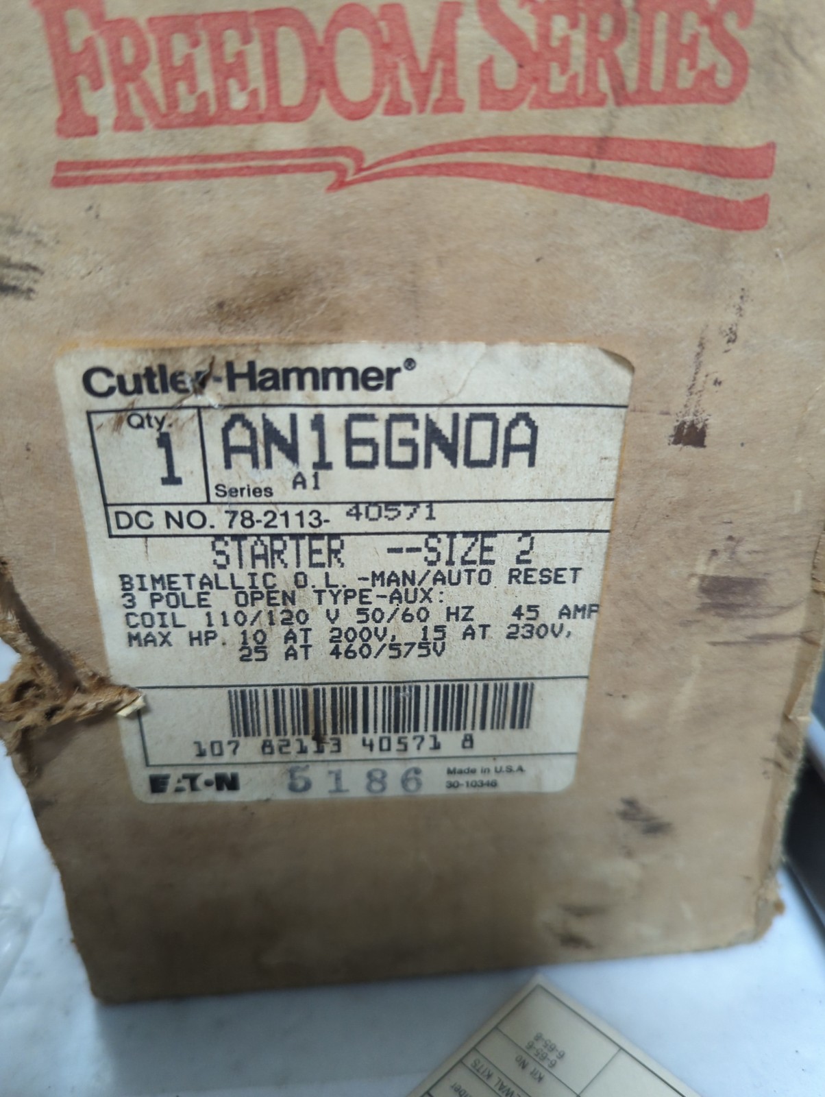 EATON CUTLER HAMMER,AN16GN0A,FREEDOM SERIES 3-POLE OPEN STARTER SIZE 2 NOS