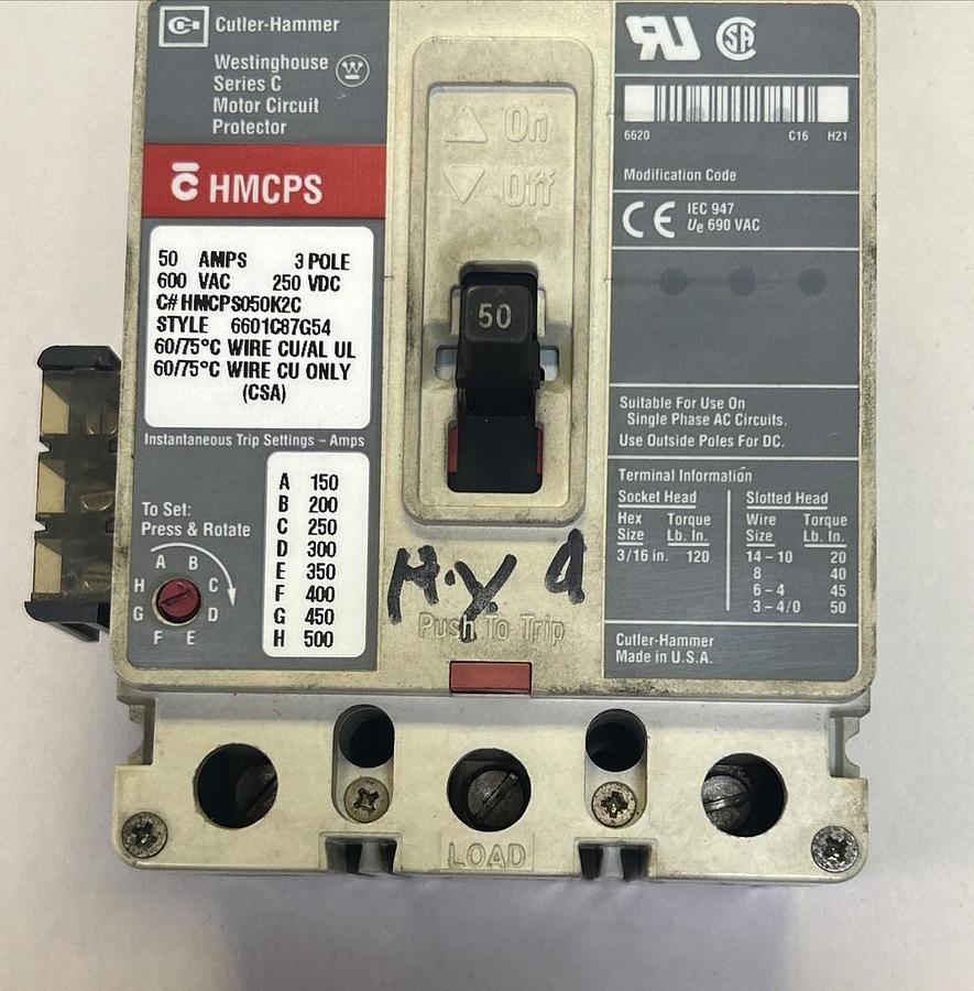Used CUTLER-HAMMER,HMCPS050K2C,CIRCUIT BREAKER 50A 600V 3P