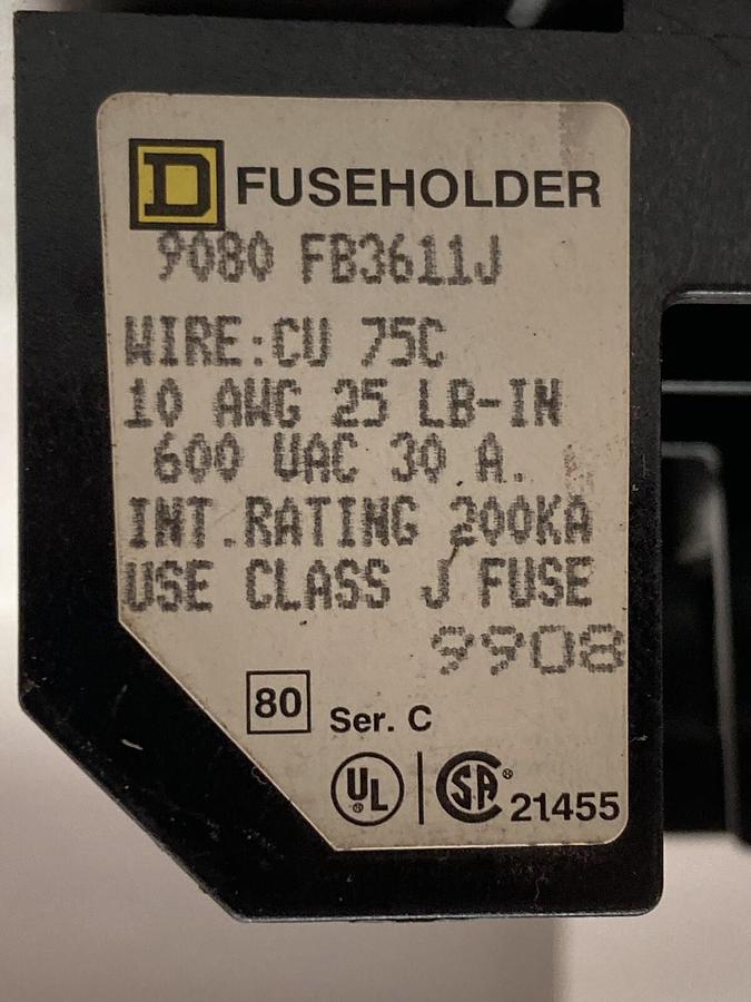 Square D,9080 FB3611J,Ser C Fuse Holder 30A 600Vac