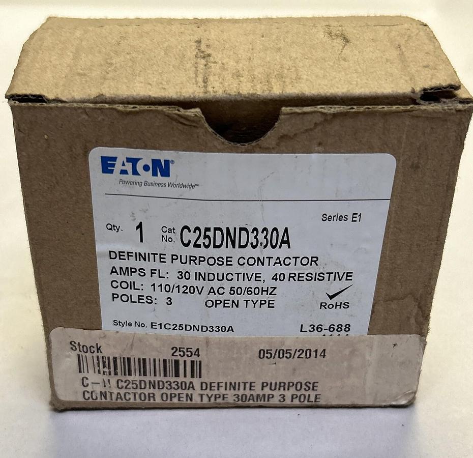 Used EATON,C25DND330A,DEFINITE PURPOSE CONTACTOR 30A 110/120V 3P NEW
