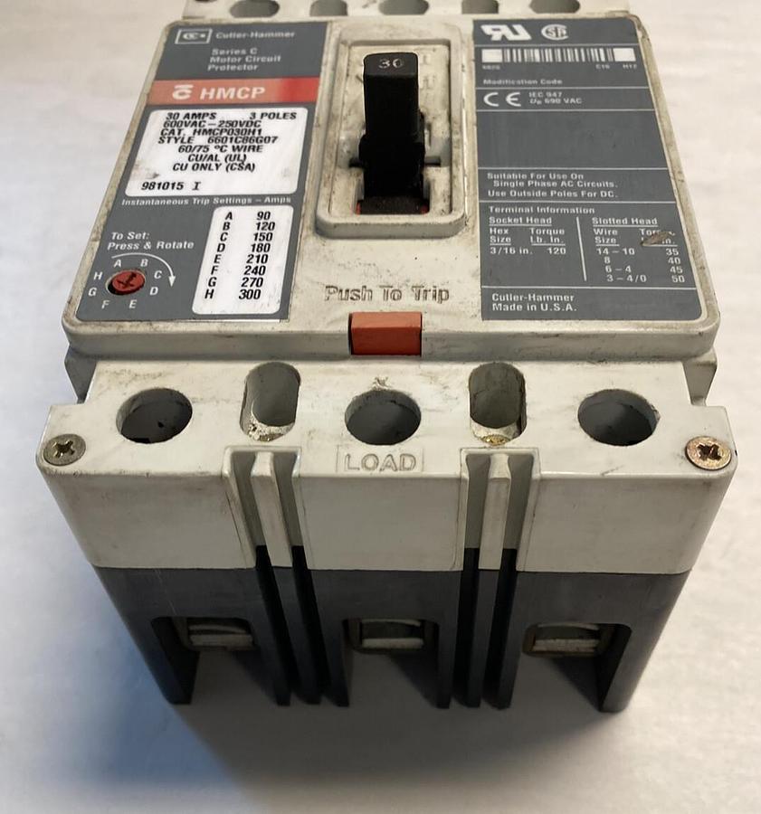 Used Cutler-Hammer,HMCP030H1,Series C Motor Circuit Protector 30AMP 600VAC 250VDC 3 P