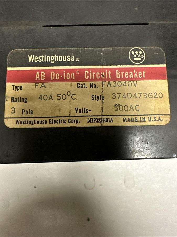 Used Westinghouse,FA3040V,3 Pole 40 Amp 300 VAC Circuit Breaker