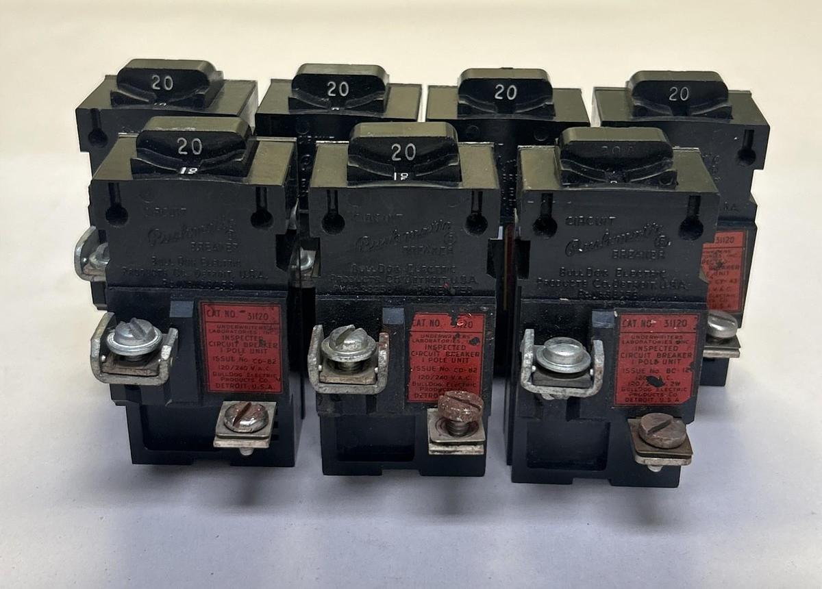 Used BULLDOG ELECTRIC,31120,PUSHMATIC CIRCUIT BREAKER 20A 120/240V 1P LOT OF 7