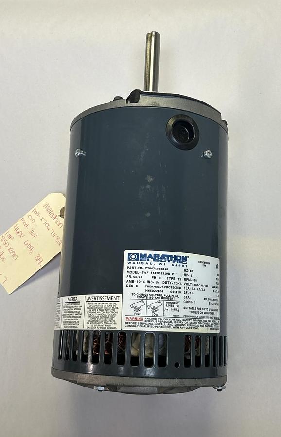 Used MARTATHON,X70671182010,CONDENSER FAN MOTOR 1HP 850RPM 200-230/460V 56-90 FRAME