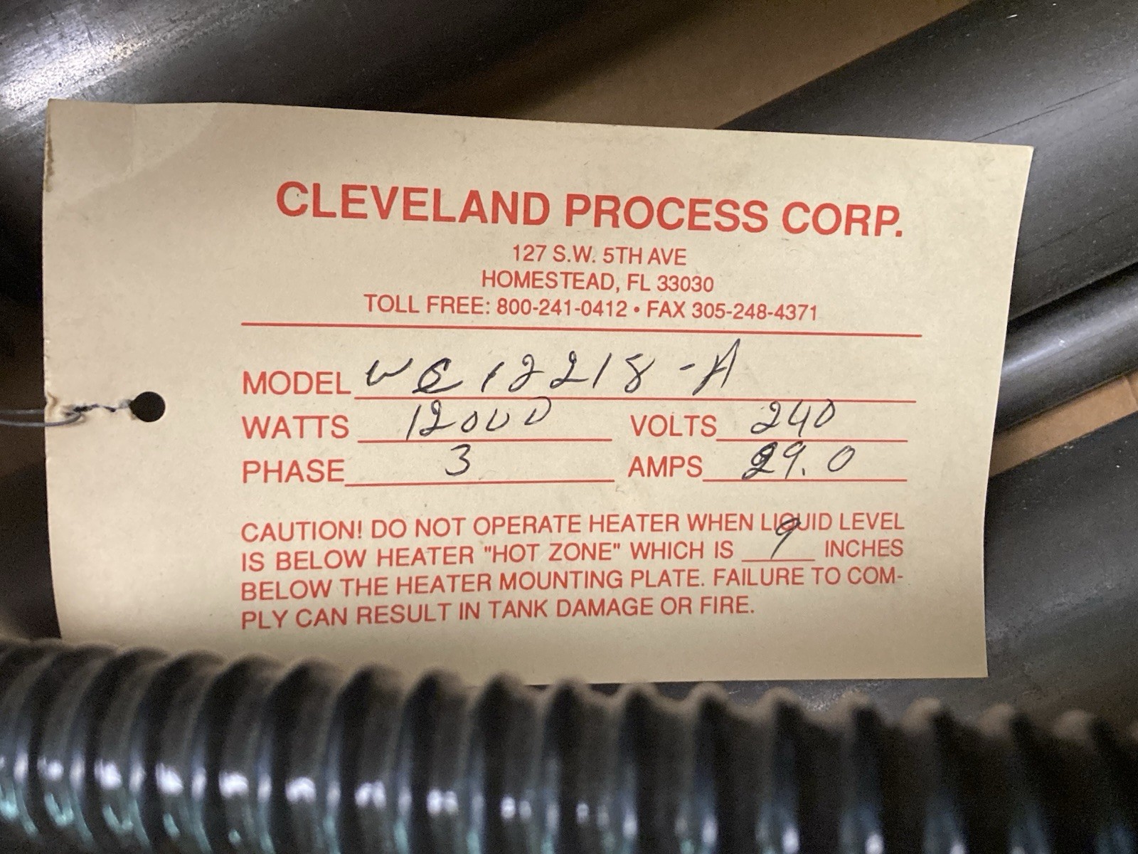 Used Cleveland Process Corp,Model WC12218-A,3-Phase Immersion Heater 240V 29A 12000W