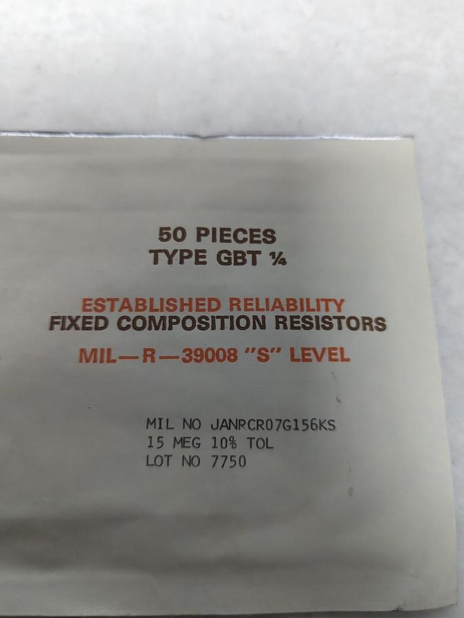 TRW,GBT 1/4,FIXED COMPOSTION RESISTOR 15 MEG 10% TOL PACK OF 50 PCS NOS