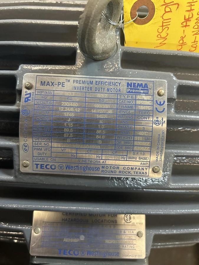 Used TECO WESTINGHOUSE,NP0054C,INVERTER DUTY MOTOR 5HP 230/460V 1745RPM 3PH 184TC FR