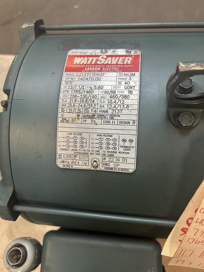 Used LEESON,140470.00,INVERTER DUTY MOTOR 7.5HP 208-230/460V 1765RPM 3PH 213T FRAME