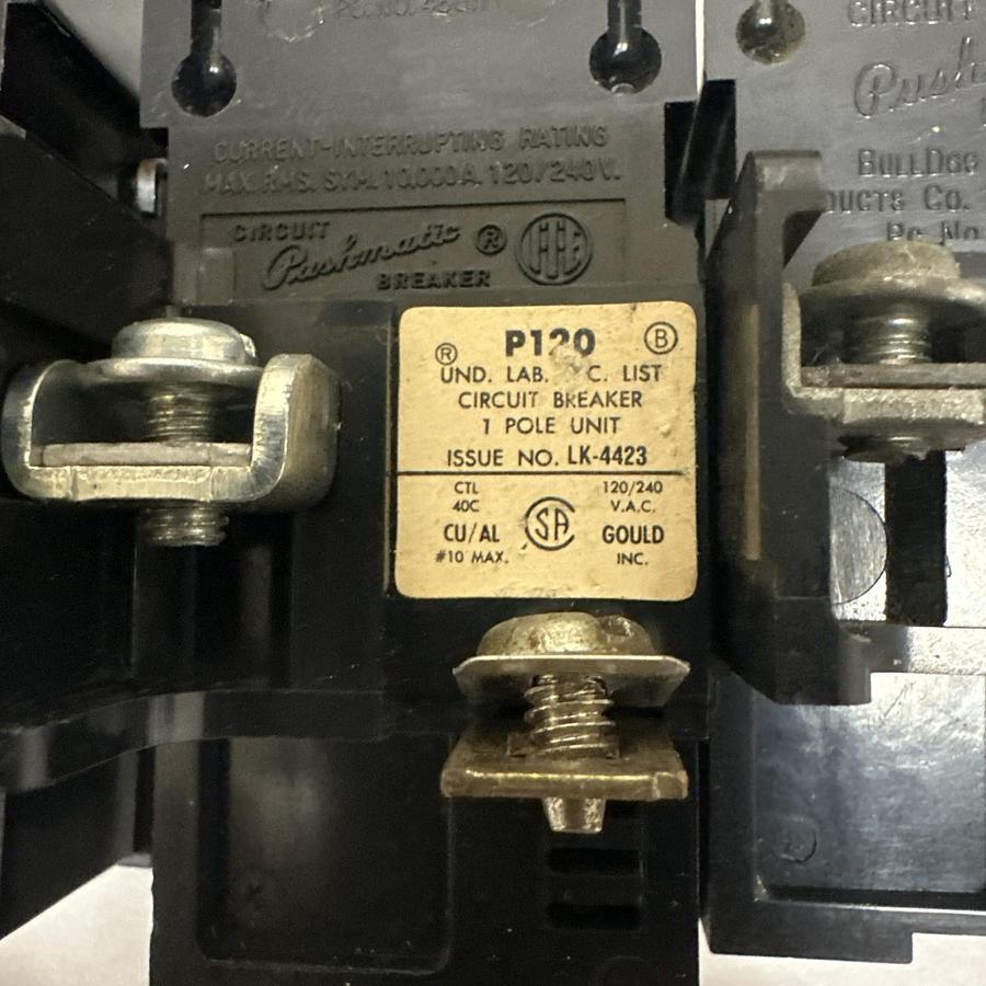 Used Pushmatic,P120,20 Amp Single Pole 120/240VAC Circuit Breaker LOT of 7