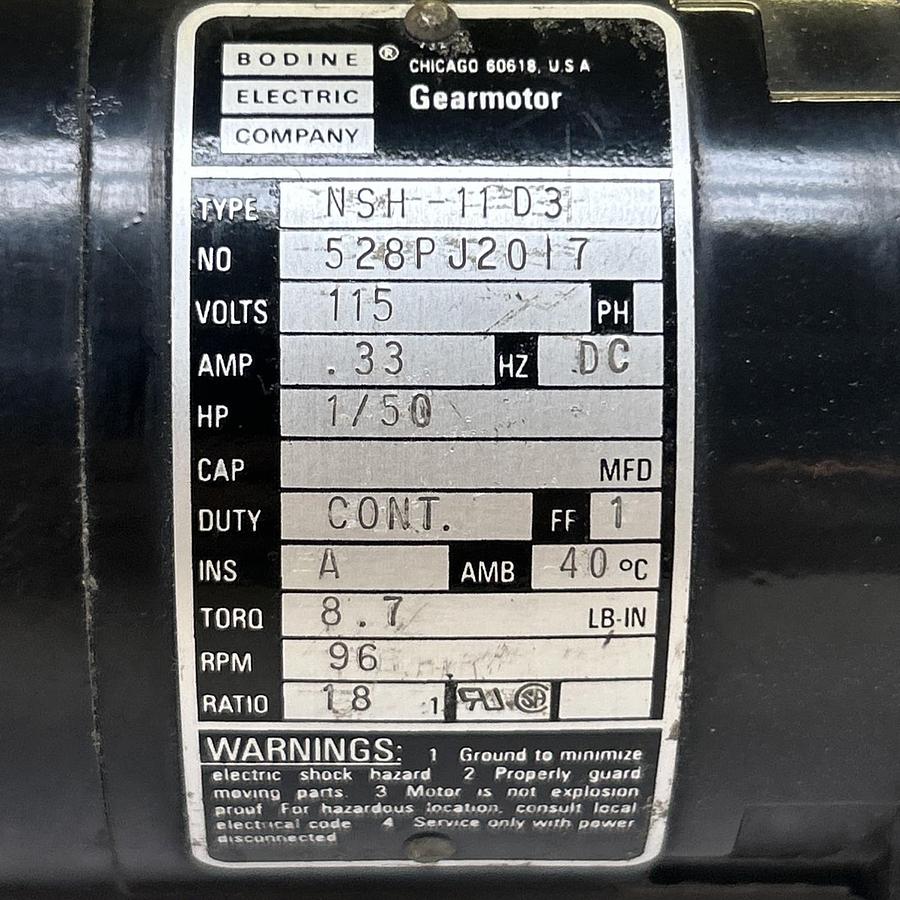 Used BODINE ELECTRIC,NSH-11D3,GEARMOTOR 1/50HP .33A 115V