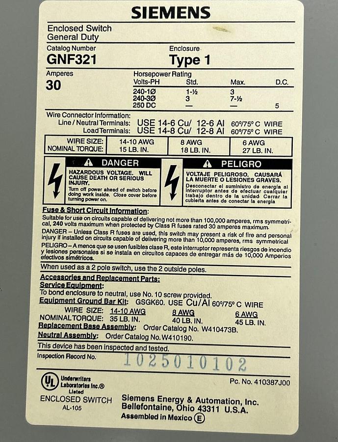 Used SIEMENS,GNF321,SAFETY SWITCH 30AMP 3P 240V