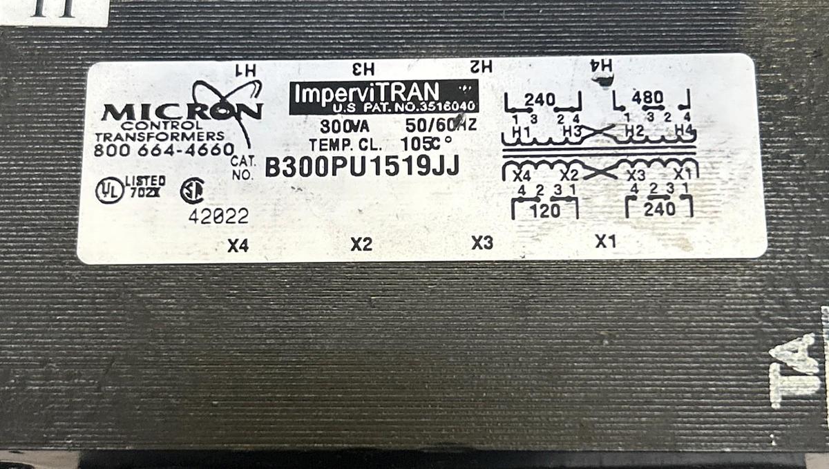 Used MICRON INDUSTRIES,B300PU1519JJ,CONTROL TRANSFORMER 300VA 240-480V PRI 120-240V