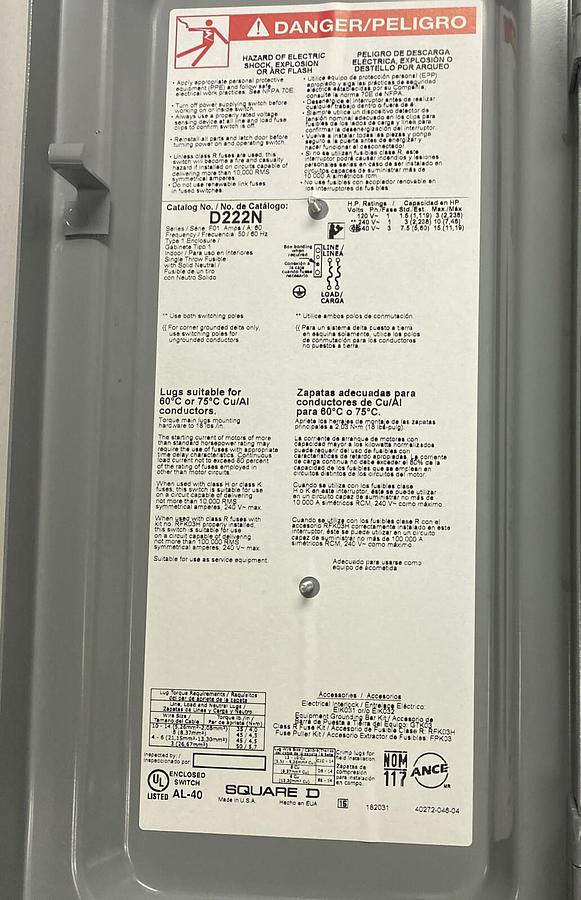 Used SQUARE D,D222N,GENERAL DUTY SAFETY SWITCH 60A 240V NEW